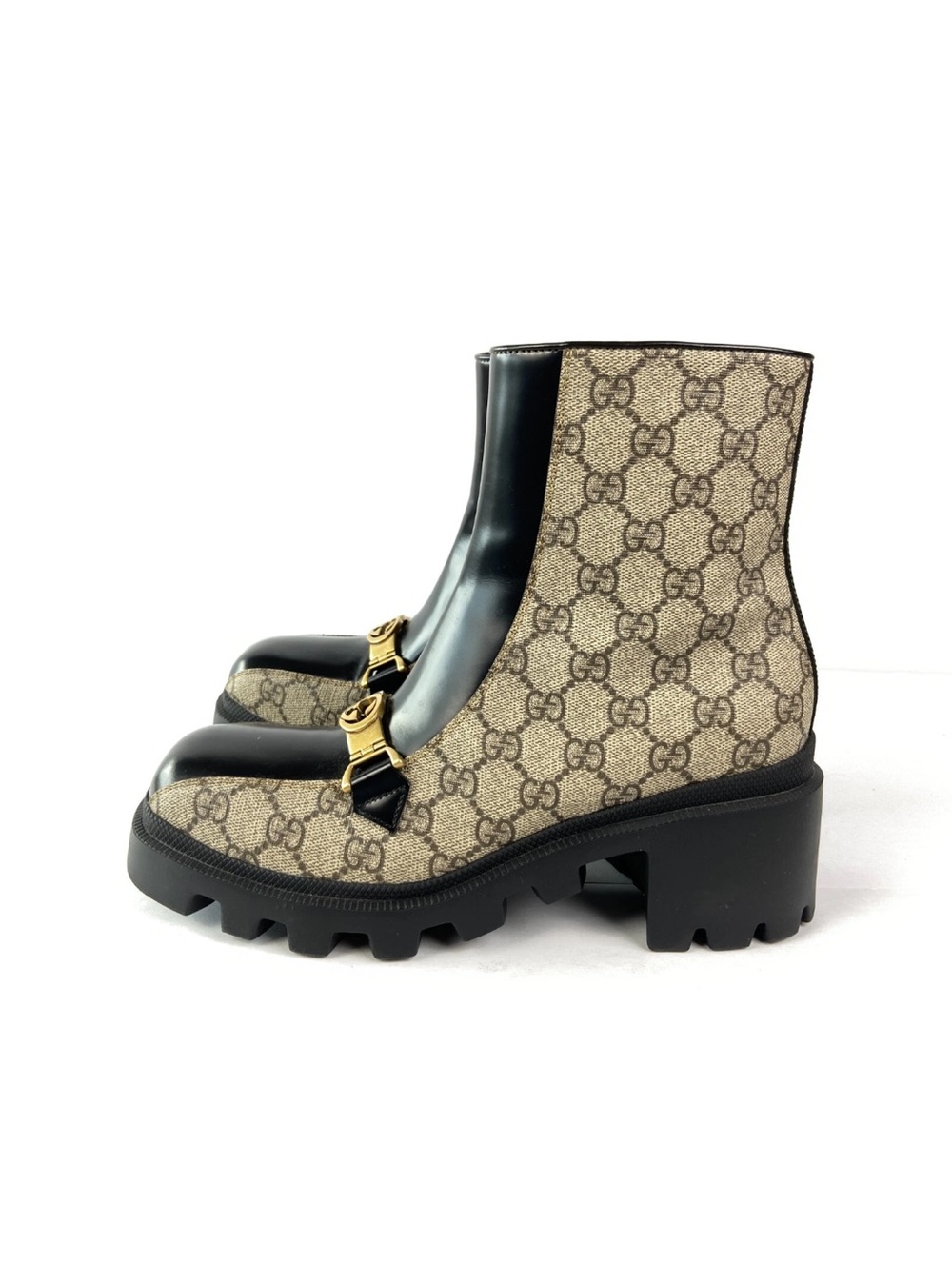 Gucci Beige GG Supreme Black Leather Gold Logo Boots